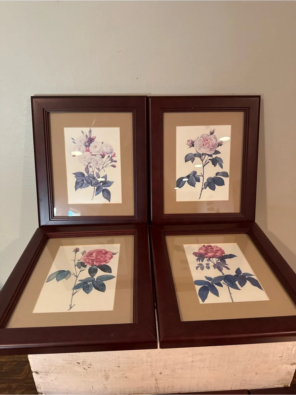 Set Of 7 Vintage Floral Botanical Pink, Mauve & Cream Art Print, Matted & Framed